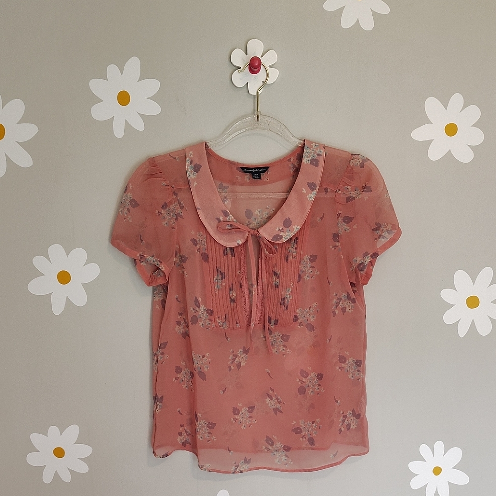 American Eagle Coral Pink Sheer Floral Peter Pan Collar Tie Blouse